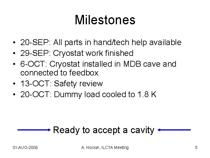 Milestones • 20 -SEP: All parts in hand/tech help available • 29 -SEP: Cryostat