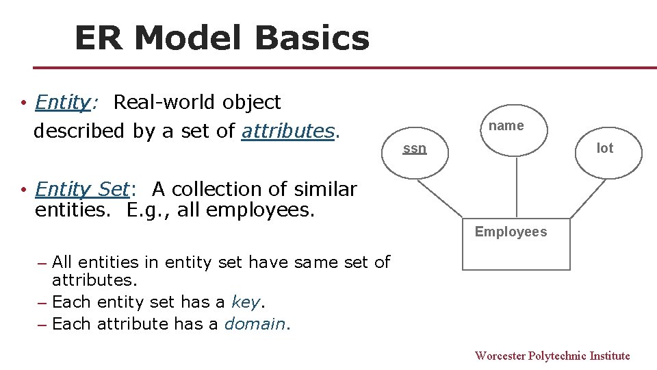 ER Model Basics • Entity: Real-world object described by a set of attributes. name