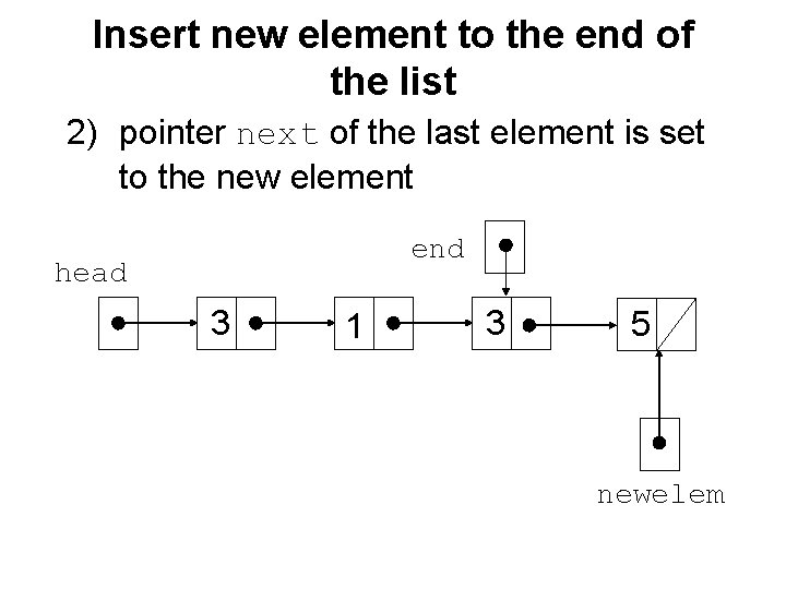Insert new element to the end of the list 2) pointer next of the