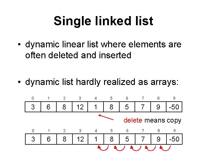 Single linked list • dynamic linear list where elements are often deleted and inserted