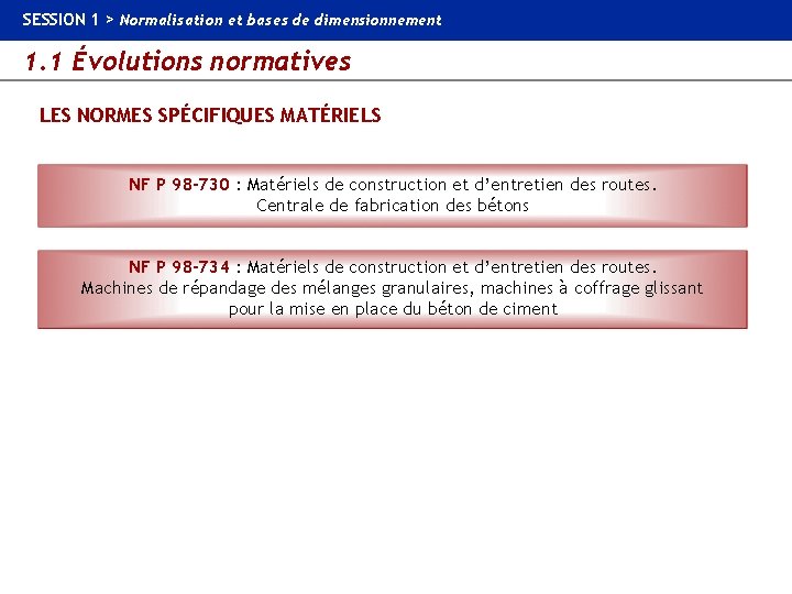 SESSION 1 > Normalisation et bases de dimensionnement 1. 1 Évolutions normatives LES NORMES