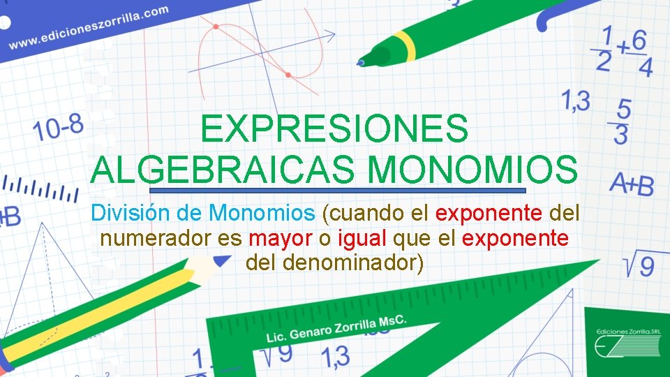EXPRESIONES ALGEBRAICAS MONOMIOS División de Monomios (cuando el exponente del numerador es mayor o