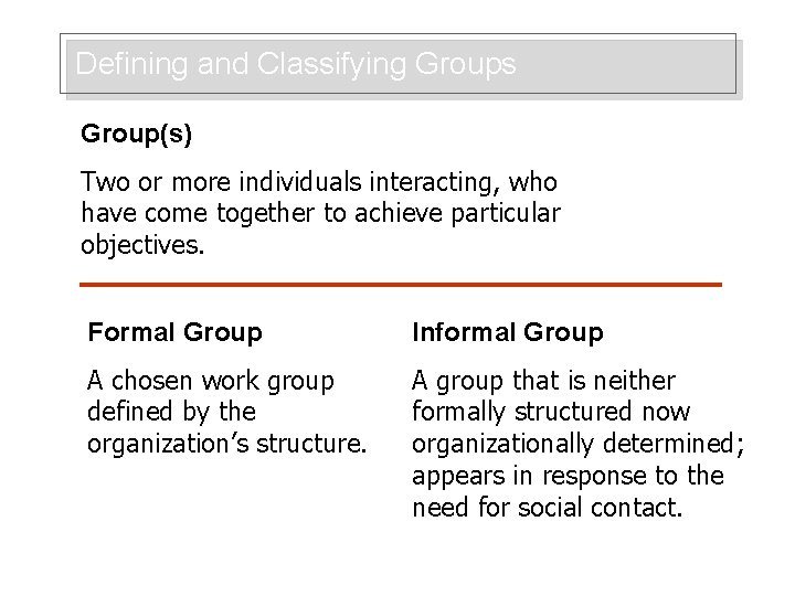 Defining and Classifying Groups Group(s) Two or more individuals interacting, who have come together