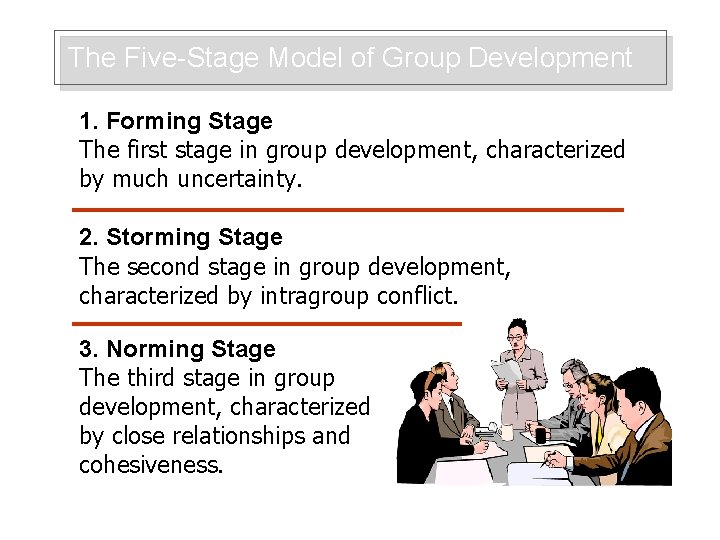 The Five-Stage Model of Group Development 1. Forming Stage The first stage in group
