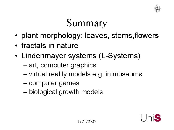 Summary • plant morphology: leaves, stems, flowers • fractals in nature • Lindenmayer systems