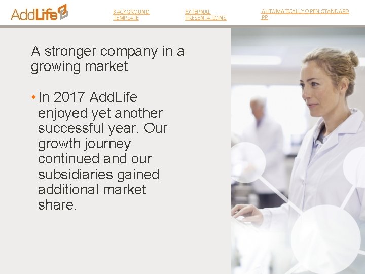 BACKGROUND TEMPLATE A stronger company in a growing market • In 2017 Add. Life