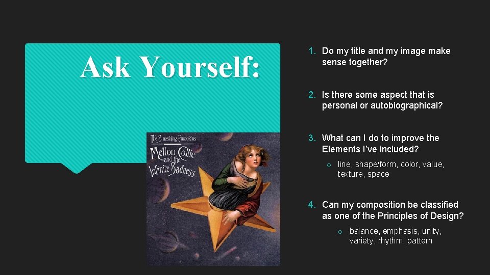 Ask Yourself: 1. Do my title and my image make sense together? 2. Is