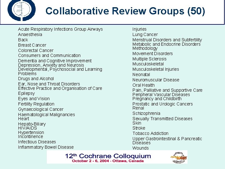 Collaborative Review Groups (50) Acute Respiratory Infections Group Airways Anaesthesia Back Breast Cancer Colorectal
