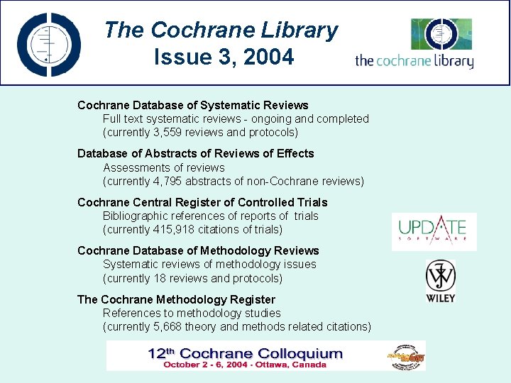 The Cochrane Library Issue 3, 2004 Cochrane Database of Systematic Reviews Full text systematic