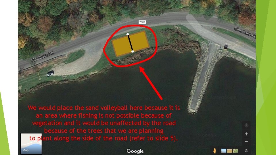 We would place the sand volleyball here because it is an area where fishing