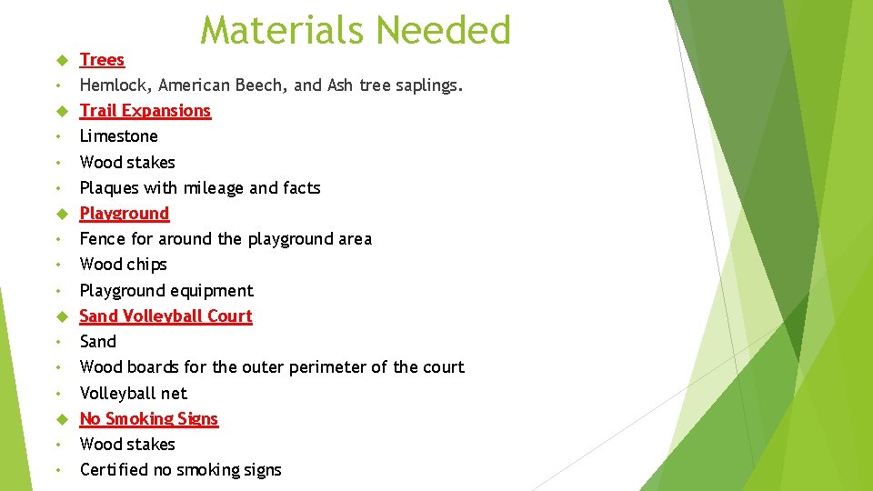 Materials Needed • • • Trees Hemlock, American Beech, and Ash tree saplings. Trail