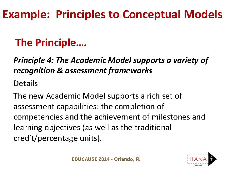 Example: Principles to Conceptual Models The Principle…. Principle 4: The Academic Model supports a
