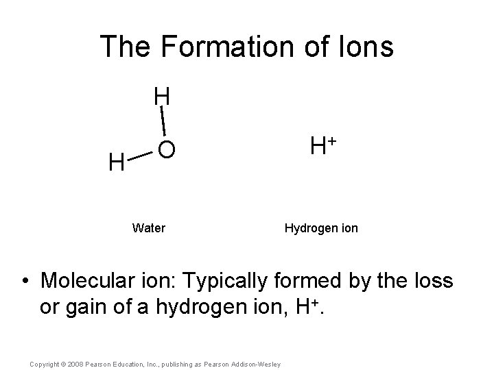 The Formation of Ions H H O Water H+ Hydrogen ion • Molecular ion: