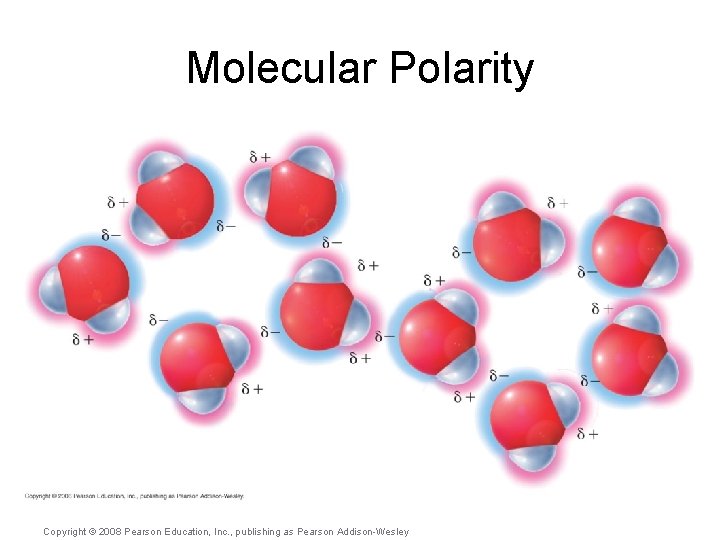 Molecular Polarity Copyright © 2008 Pearson Education, Inc. , publishing as Pearson Addison-Wesley 