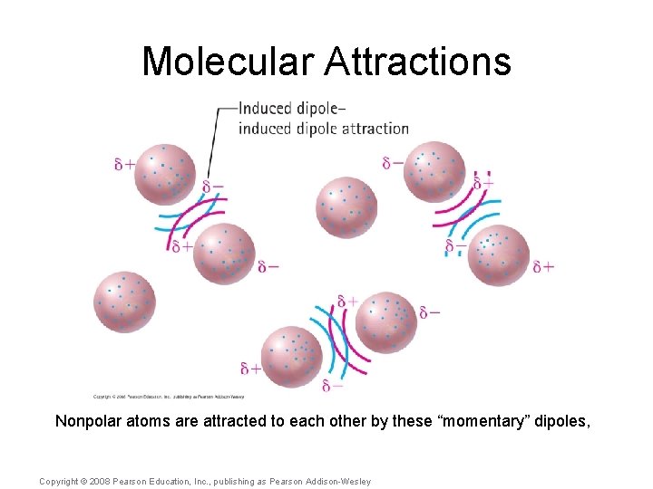 Molecular Attractions Nonpolar atoms are attracted to each other by these “momentary” dipoles, Copyright