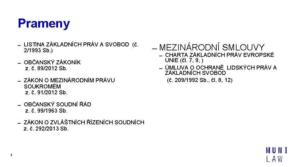 Prameny LISTINA ZÁKLADNÍCH PRÁV A SVOBOD (č. 2/1993 Sb. ) OBČANSKÝ ZÁKONÍK z. č.