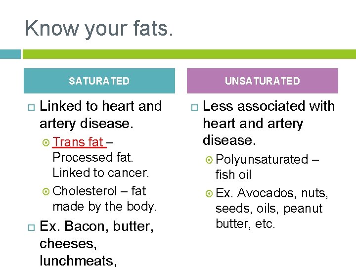 Know your fats. SATURATED Linked to heart and artery disease. Trans fat – Processed