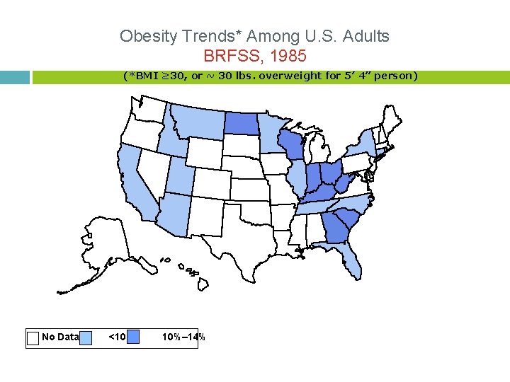 Obesity Trends* Among U. S. Adults BRFSS, 1985 (*BMI ≥ 30, or ~ 30