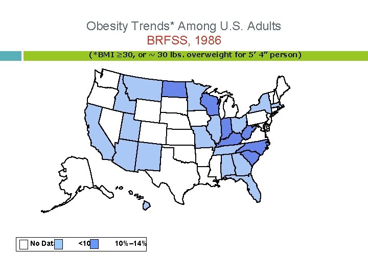 Obesity Trends* Among U. S. Adults BRFSS, 1986 (*BMI ≥ 30, or ~ 30