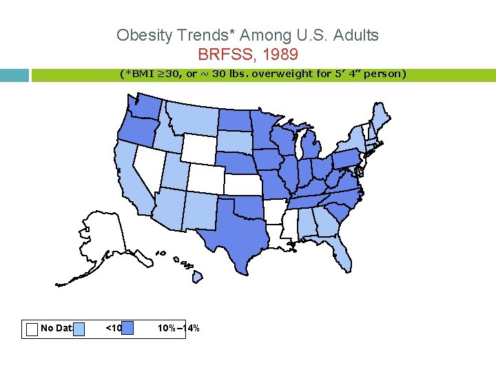 Obesity Trends* Among U. S. Adults BRFSS, 1989 (*BMI ≥ 30, or ~ 30