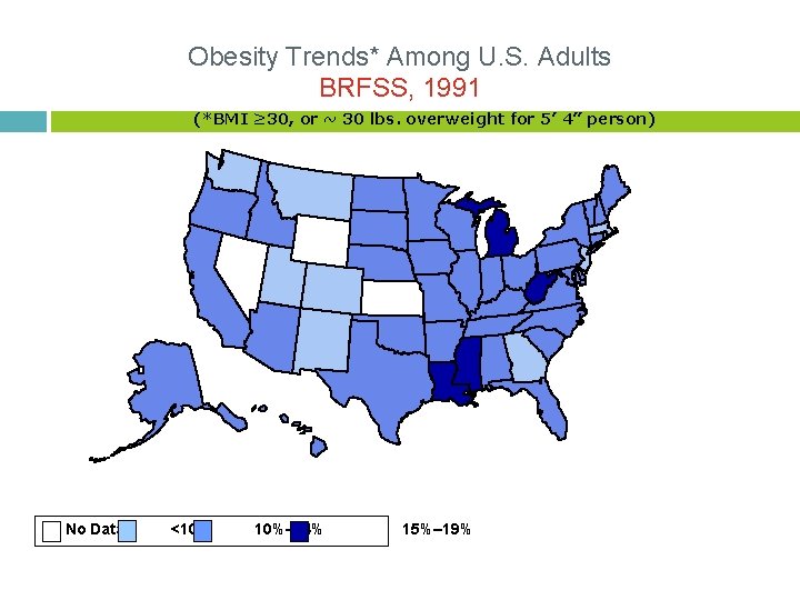 Obesity Trends* Among U. S. Adults BRFSS, 1991 (*BMI ≥ 30, or ~ 30