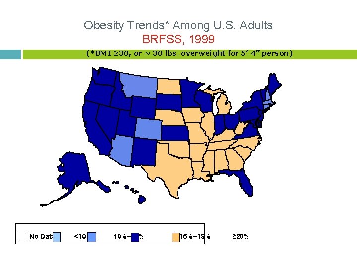 Obesity Trends* Among U. S. Adults BRFSS, 1999 (*BMI ≥ 30, or ~ 30