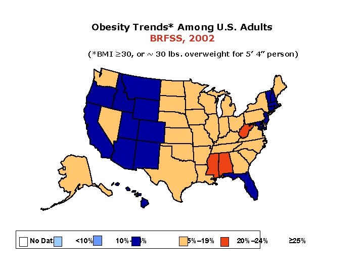 Obesity Trends* Among U. S. Adults BRFSS, 2002 (*BMI ≥ 30, or ~ 30