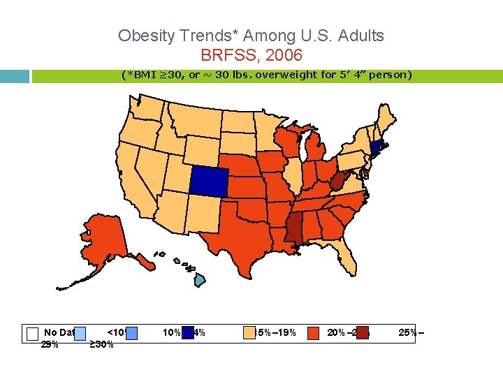 Obesity Trends* Among U. S. Adults BRFSS, 2006 (*BMI ≥ 30, or ~ 30