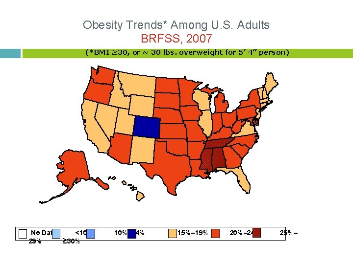Obesity Trends* Among U. S. Adults BRFSS, 2007 (*BMI ≥ 30, or ~ 30