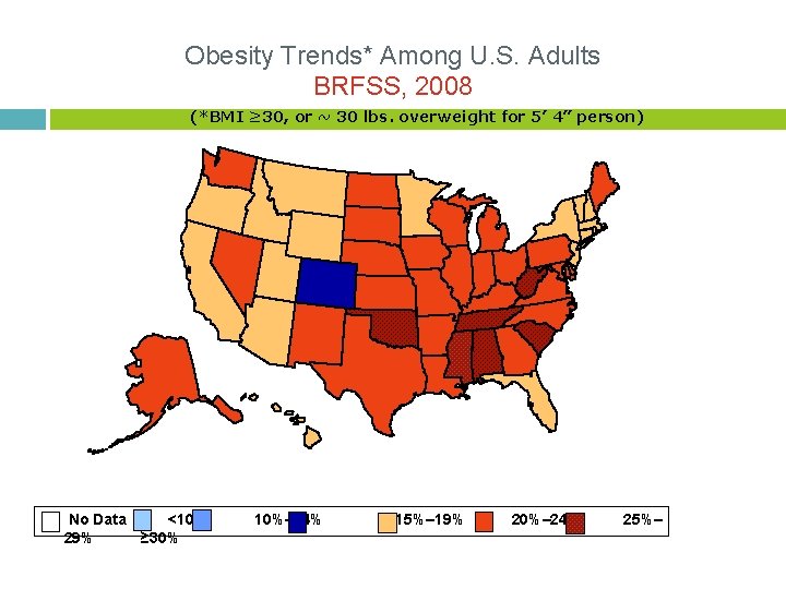 Obesity Trends* Among U. S. Adults BRFSS, 2008 (*BMI ≥ 30, or ~ 30