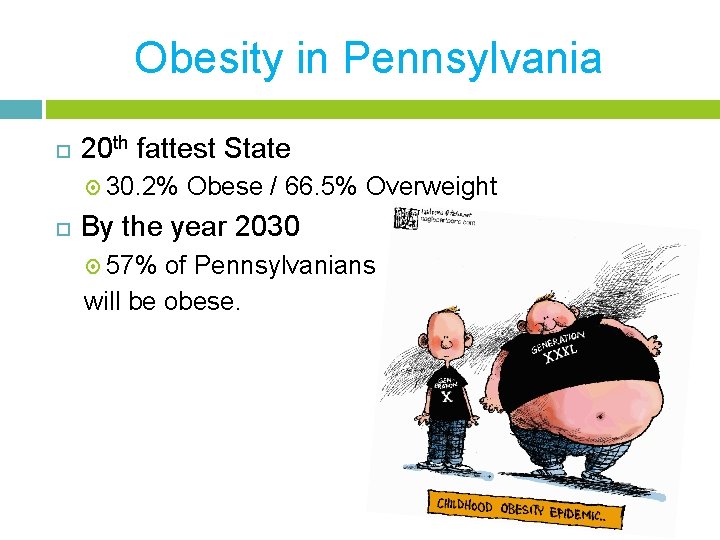 Obesity in Pennsylvania 20 th fattest State 30. 2% Obese / 66. 5% Overweight