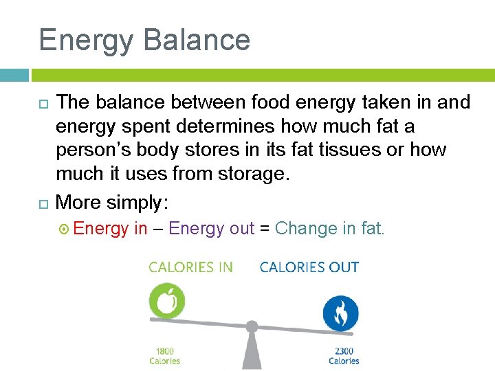 Energy Balance The balance between food energy taken in and energy spent determines how
