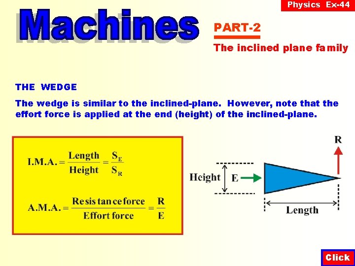 Physics Ex-44 PART-2 The inclined plane family THE WEDGE The wedge is similar to