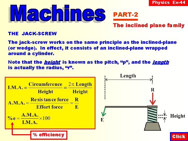 Physics Ex-44 PART-2 The inclined plane family THE JACK-SCREW The jack-screw works on the