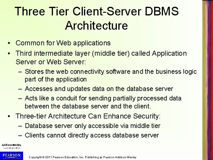 Three Tier Client-Server DBMS Architecture • Common for Web applications • Third intermediate layer