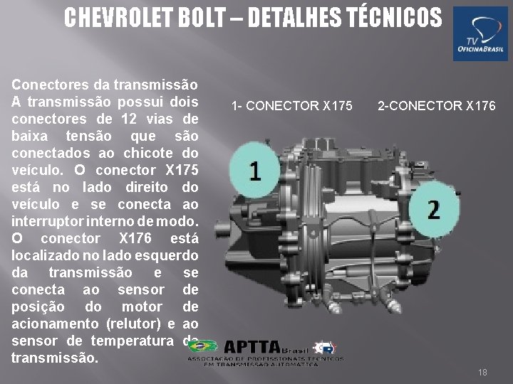 CHEVROLET BOLT – DETALHES TÉCNICOS Conectores da transmissão A transmissão possui dois conectores de