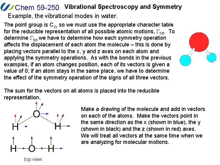 Chem 59 -250 Vibrational Spectroscopy and Symmetry Example, the vibrational modes in water. The