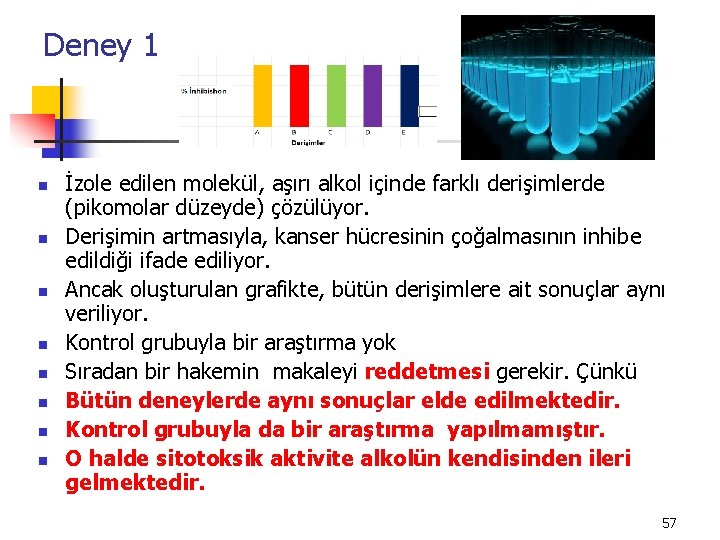 Deney 1 n n n n İzole edilen molekül, aşırı alkol içinde farklı derişimlerde