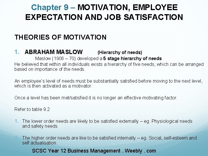 Chapter 9 – MOTIVATION, EMPLOYEE EXPECTATION AND JOB SATISFACTION THEORIES OF MOTIVATION 1. ABRAHAM