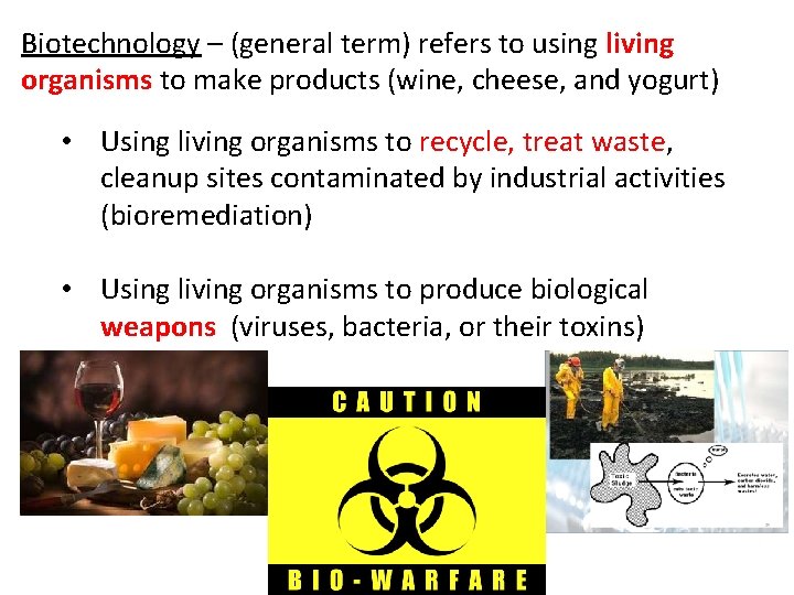 Biotechnology – (general term) refers to using living organisms to make products (wine, cheese,