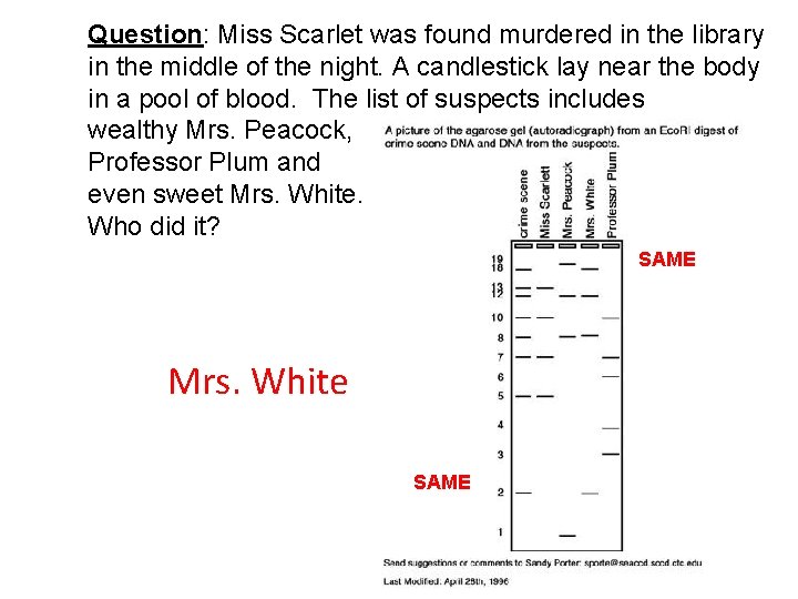 Question: Miss Scarlet was found murdered in the library in the middle of the