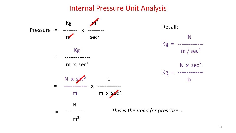 Internal Pressure Unit Analysis Kg m 2 Pressure = ---- x ----m 3 sec