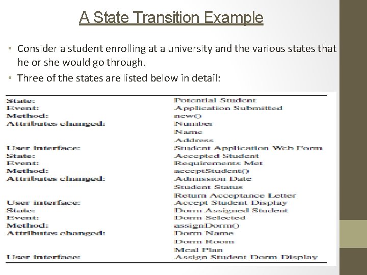 A State Transition Example • Consider a student enrolling at a university and the