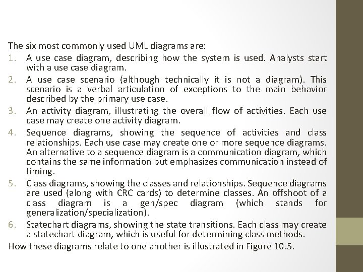 The six most commonly used UML diagrams are: 1. A use case diagram, describing