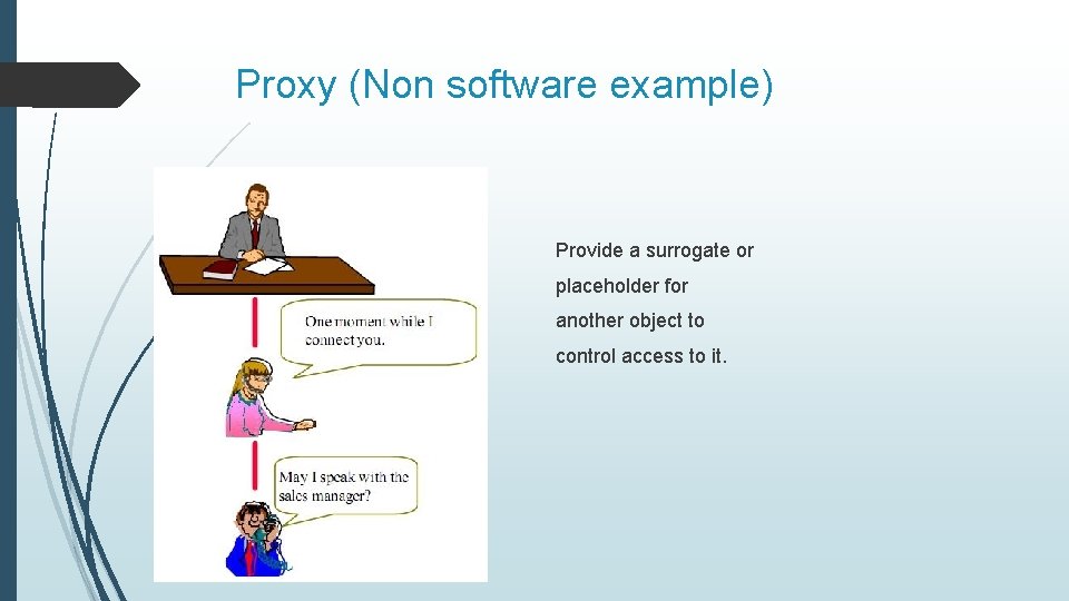 Proxy (Non software example) Provide a surrogate or placeholder for another object to control
