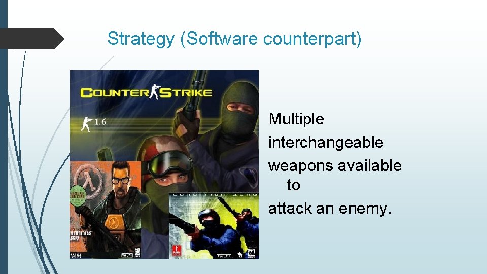Strategy (Software counterpart) Multiple interchangeable weapons available to attack an enemy. 