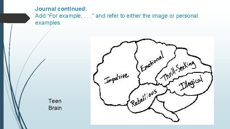 Journal continued: Add “For example, . . . ” and refer to either the