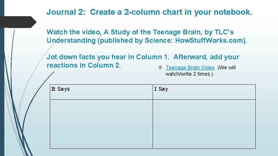 Journal 2: Create a 2 -column chart in your notebook. Watch the video, A