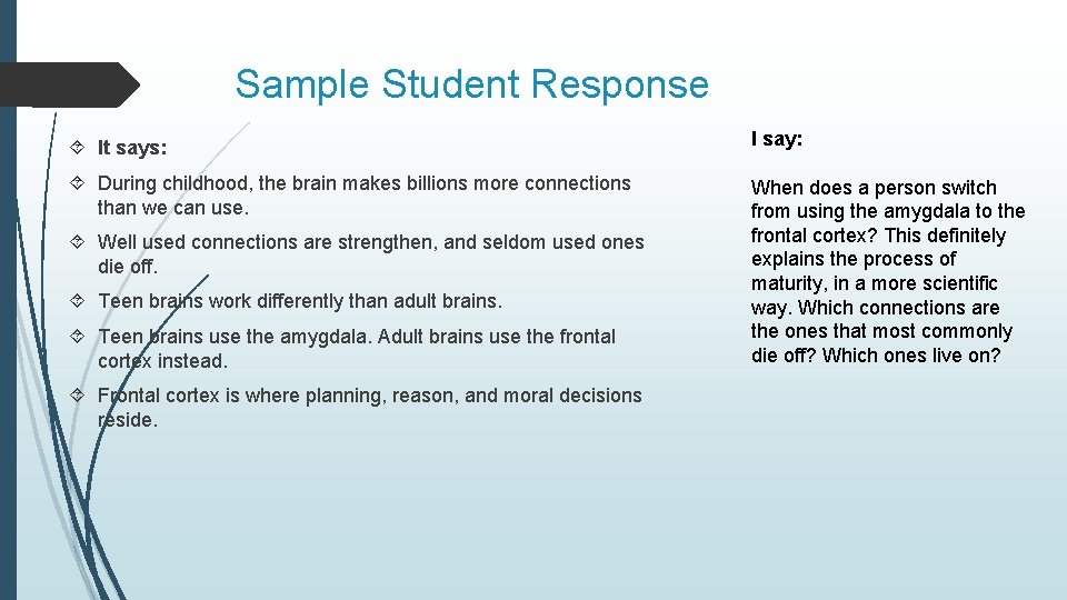 Sample Student Response It says: I say: During childhood, the brain makes billions more