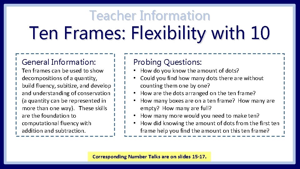 Teacher Information Ten Frames: Flexibility with 10 General Information: Ten frames can be used